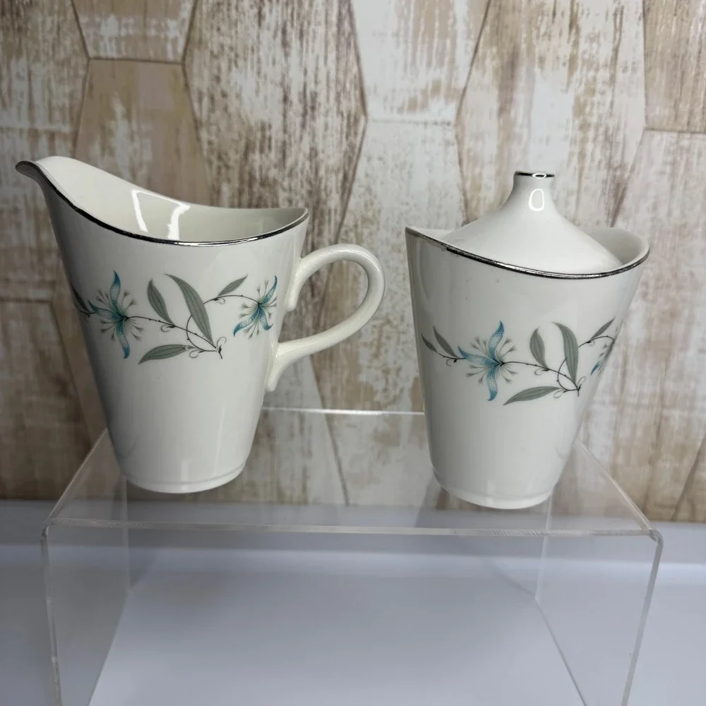 Vintage Homer Laughlin Triumph Cynthia Creamer & Sugar Bowl Silver Trim